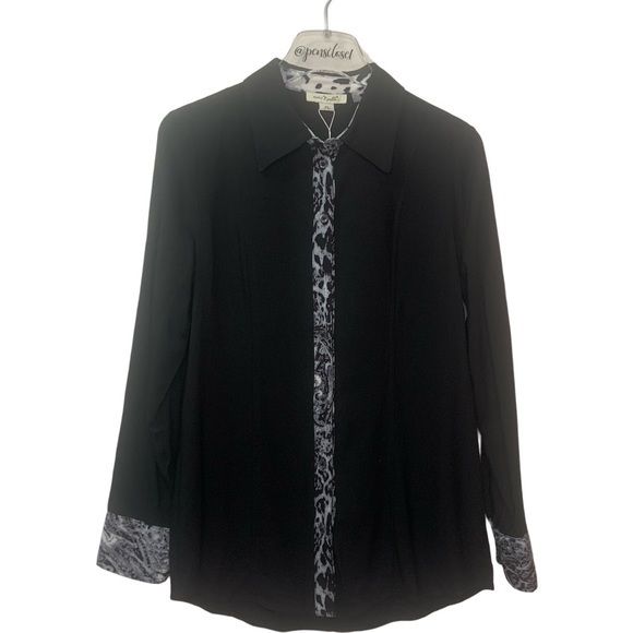 New Simply Noelle Black Animal Print Long Tab Sleeve Rayon Shirt Blouse Tunic